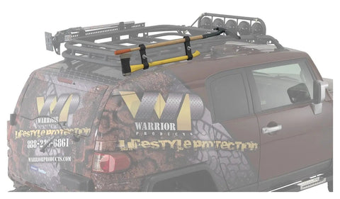 Heavy Duty Axe And Shovel Mount For Safari Rack Baskets Steel Powder Coated Black Tool Carrier For Roof Racks On SUVs And Trucks Keeps Gear Secure And Ready To Roll attached to SUV rooftop basket