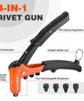 Heavy Duty Four In One Rivet Gun Kit With 200 Rivets and interchangeable nosepieces, ergonomic grips, and handle lock