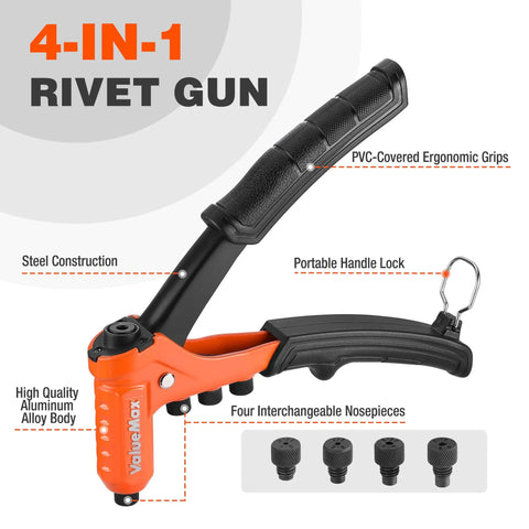 Heavy Duty Four In One Rivet Gun Kit With 200 Rivets and interchangeable nosepieces, ergonomic grips, and handle lock