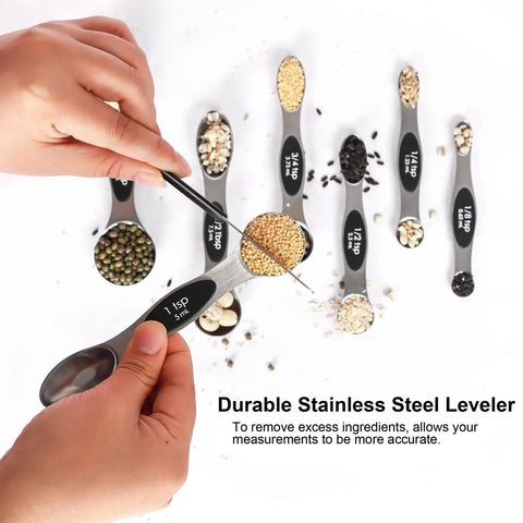 Magnetic Measuring Spoons Set Stainless Steel With Leveler Seven Piece Double Headed Spoons in use with spices