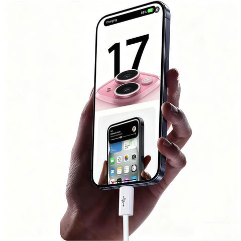 Hand holding iPhone 17 connected with Car USB A To USB C Charging Cable For iPhone 17 16 15 Series And iPad 10th 11th Gen And Pro Models