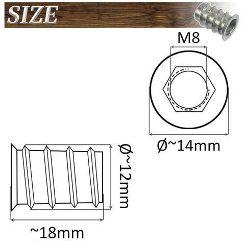 Dimensions of threaded insert for 4 Pack Adjustable Furniture Leveling Feet Kit With M8 Screws And M8 Threaded Inserts For Wood