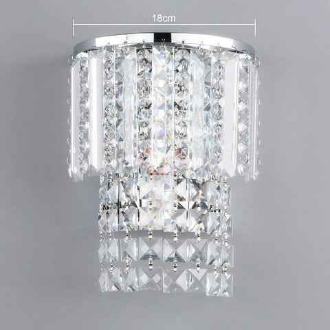 Crystal Hardwired Wall Light With Chrome Finish Sconce And K9 Acrylic Crystal Drops Shade For A Dope Modern Bedroom And Living Room Lighting Setup Easy 110 To 220V USA Installation, showcasing an 18cm diameter chrome wall sconce with cascading crystals.