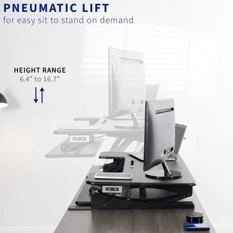 Image of Electric Height Adjustable Desk Converter With Sit To Stand Function And Dual Monitor Riser 42 Inch with pneumatic lift.