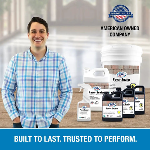 No Fuss Ready To Use Concrete Paver Sealer One Gallon Keeps Your Pavers Looking New Protects Against Water Stains Oil Sap And Weather For Driveways Patios And Walkways Water Based Silane Siloxane Acrylic Eco Friendly Finish bottles displayed with a person in a plaid shirt.