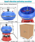Electric Vibration Roller Polisher for Jewelry and Small Metal Parts, blue and red compact unit with dimensions for home use.