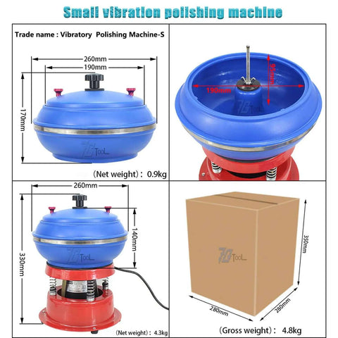 Electric Vibration Roller Polisher for Jewelry and Small Metal Parts, blue and red compact unit with dimensions for home use.