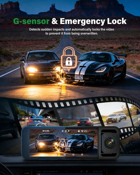 Crystal Clear 4K Front Cabin Rear Dash Cam With 5.8 GHz WiFi 6 IR Night Vision, 64GB Card, 24 Hour Parking, G Sensor, Ideal Dash Cam For Rideshare Drivers And Taxis showing emergency lock.