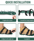 Green Heavy Duty Lawn Aerator Shoes With Spikes And Straps installation steps, one size fits all, adjustable straps, durable PP