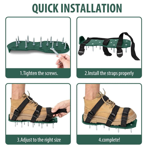 Green Heavy Duty Lawn Aerator Shoes With Spikes And Straps installation steps, one size fits all, adjustable straps, durable PP