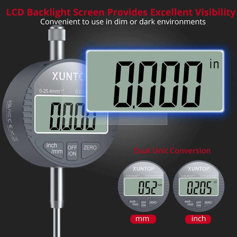 Pro Grade Digital Dial Indicator Gauge Kit With 0 To 1 Inch Range And 0.0005 Inch Resolution showing LCD backlight and dual unit