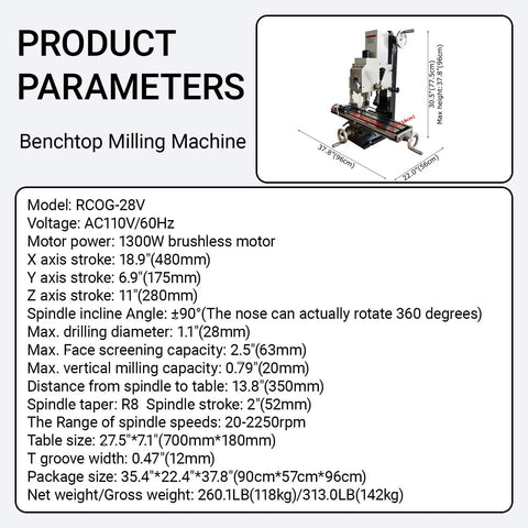 Precision Heavy Duty Benchtop Mill And Drill With 1300W Brushless Motor dimensions and specifications for garage projects.