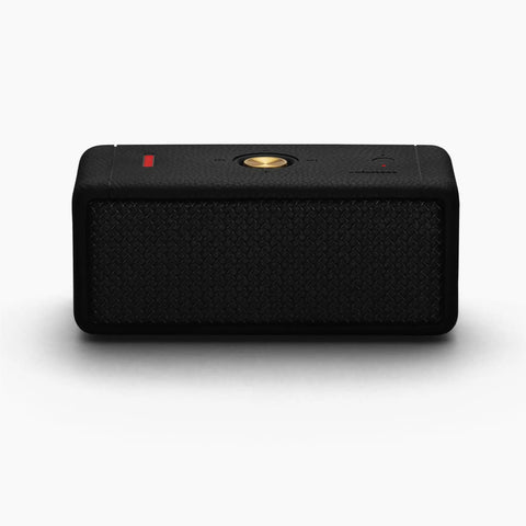 Emberton II Portable Bluetooth Speaker With 360 Degree True Stereophonic Sound, rugged black and brass front view