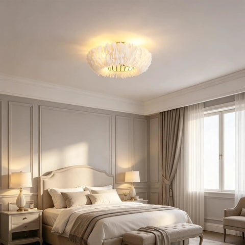 Neojoyoenix 20" Feather-Dressed Caged Ceiling Fans with Remote, Flush Mount with Light, Chandelier Fan in a stylish bedroom.