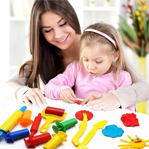 Child playing with 9-Piece Dough And Clay Tools Starter Set For Kids With Rollers, Pizza Cutter, Rolling Pins, under adult supervision.