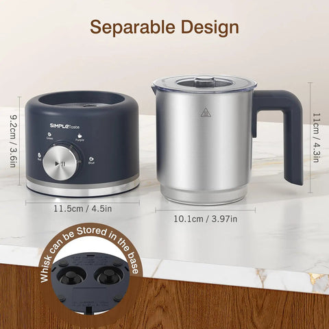 4 In 1 Electric Milk Frother And Steamer, 16.9 Oz Capacity, dark blue and silver separable design, parts and whisk storage