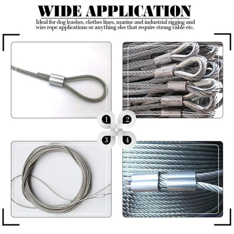 Close-up of 315 Piece Aluminum Crimping Loop Sleeve Ferrule Kit showing wire rope secured with aluminum ferrules, ideal for DIY