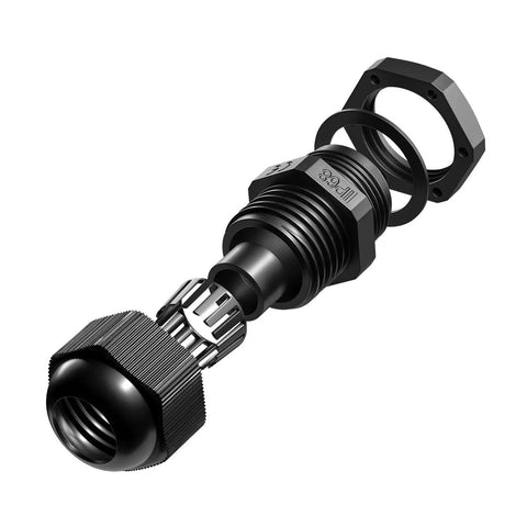 Disassembled black plastic waterproof gland from Value Packed 25 Pack Plastic Waterproof Cable Glands Set For 3.5 To 13 Mm Cables Includes PG7 PG9 PG11 PG13.5 And PG16 Sizes Black Wire Glands Joints And Protectors For Enclosures Electrical Boxes Outdoor Projects