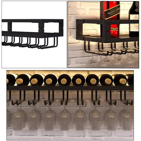 Heavy Duty Wall Mounted Wine Rack Featuring Premium Steel Construction alongside Integrated Glass Storage, displaying bottles and glasses.