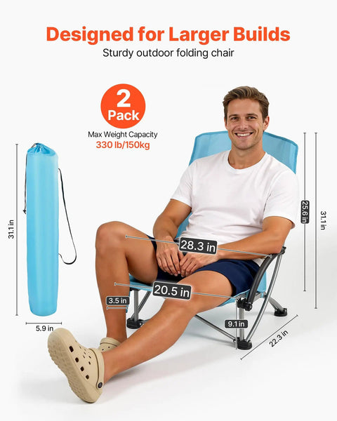 Man sitting on Two Pack High Back Folding Beach Chairs For Adults, Heavy Duty Camping Chairs With Cup Pocket, Carry Bag, 330 Lb Capacity