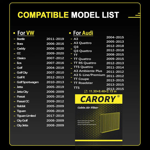 Compatibility list for Activated Carbon Cabin Air Filter For VW Golf Jetta Passat Tiguan CC Beetle Eos Bora Caddy And Audi A3 Q3 Models 2004 2020