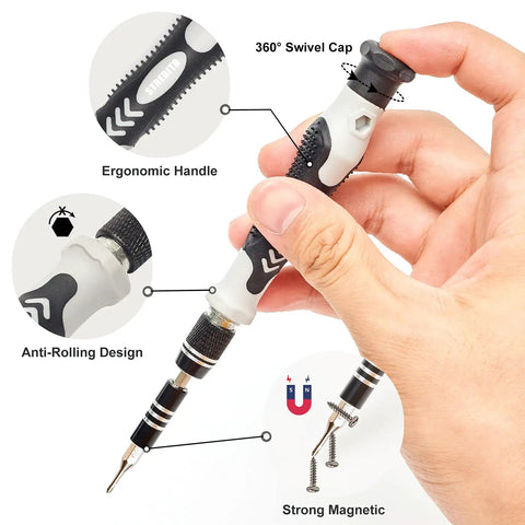 Real Deal Precision Screwdriver Set Featuring 124 Tools Including 101 Driver Bits For Slick Electronics Mobile Phone Laptop And Gaming Console Repairs Built Tough For Quick Fixes, ergonomic handle with anti-rolling design and swivel cap.