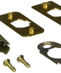 Premium Six Way Adjustable Dead Latch With Slick Polished Brass Finish components including base, strike plates, and screws.