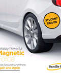 White car with 'Student Driver' magnetic decal on rear, emphasizing magnetic force and secure sticking, brand Bandle B logo visible.