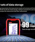 Built Different Green Laser Distance Meter Kicks Up To 70 Meters showing 99 sets of data storage records on display.