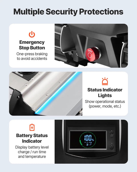 Multiple security features of Heavy Duty Electric Trailer Mover, including emergency stop button, status lights, and battery indicator.