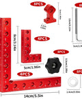 8-Piece Corner Clamps For Woodworking Precision CNC Aluminum 90 Degree Kit with red anodized clamps, bolts, nuts, and measurements.