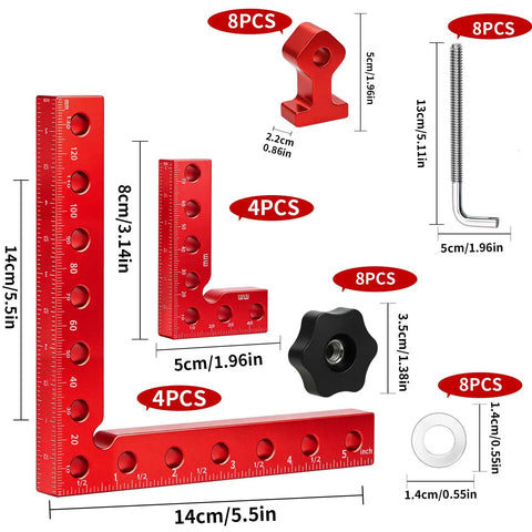 8-Piece Corner Clamps For Woodworking Precision CNC Aluminum 90 Degree Kit with red anodized clamps, bolts, nuts, and measurements.