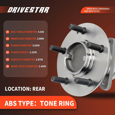 512265 Rear Wheel Hub Bearing Assembly For Hyundai Sonata 2006 To 2009 And Kia Optima 2006 To 2010 With ABS Four Lug 114.3mm Bolt Circle Ready For 4 Wheel ABS Replacement, side view highlighting measurements and ABS type tone ring.