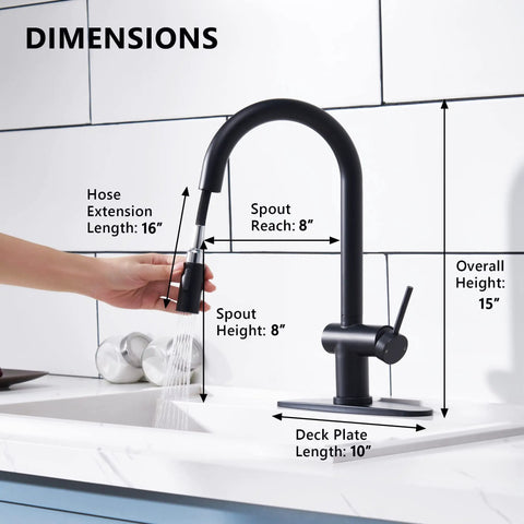 Dimensions of Matte Black Kitchen Faucet With Pull Down Sprayer, including 10 inch deck plate and durable high arc design.