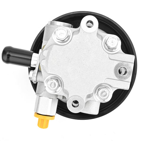 Top view of a power steering pump with pulley direct fit for 2007 to 2012 Dodge Caliber 1.8L 2.0L 2.4L and 2007 to 2017 Jeep Patriot Compass.