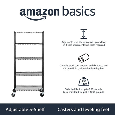 Shop Ready Heavy Duty Five Shelf Garage Storage Rack With Roll Around Caster Wheels Adjustable Metal Wire Tiers To Stack Your Tools 300 Lbs Load Black Steel Organizer Workstation