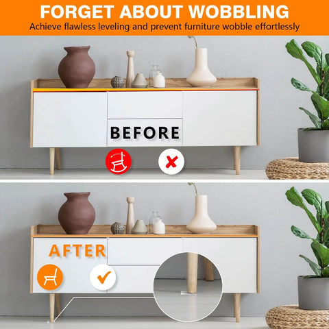 Before and after using Clear Flexible Plastic Shim Kit 12pc for visible wobble elimination under white cabinet.