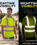 Custom High Visibility Safety Polo Shirt Quick Dry Reflective Work Uniform With Moisture Wicking Fabric Built For The Daily Grind And Crew Hustle Heavy Duty Industrial Gear Dark Blue shown in daytime and nighttime conditions.