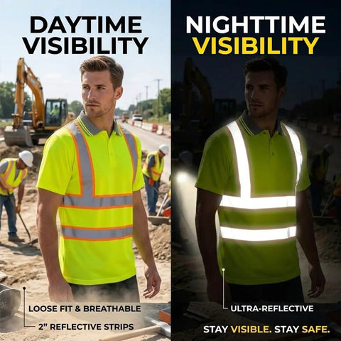 Custom High Visibility Safety Polo Shirt Quick Dry Reflective Work Uniform With Moisture Wicking Fabric Built For The Daily Grind And Crew Hustle Heavy Duty Industrial Gear Dark Blue shown in daytime and nighttime conditions.