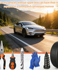Roadside Tire Repair Kit With 100 Self Sealing Screw Plugs Three Sizes Safe For Cars Trucks Motorcycles SUVs Includes Tools And Portable Case Fix Punctures In Minutes Without Tire Removal, shown with tools on scenic road.