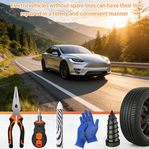 Roadside Tire Repair Kit With 100 Self Sealing Screw Plugs Three Sizes Safe For Cars Trucks Motorcycles SUVs Includes Tools And Portable Case Fix Punctures In Minutes Without Tire Removal, shown with tools on scenic road.