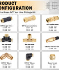 80-piece brass DOT air line fittings kit with straight, compression, tee unions and elbows; gold/brass finish