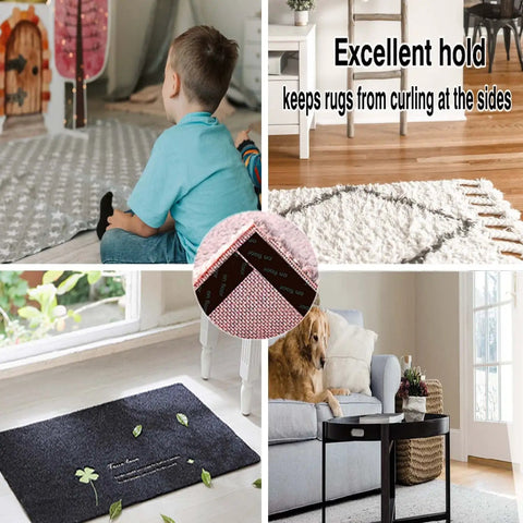 Living room and entryway rugs secured by Non Slip Rug Grippers For Hardwood Floors Pack Of 8 Durable Reusable Washable Carpet Tape Stoppers