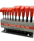 Top Notch Allen Wrenches Set Perfect For Home Repairs And Pro Projects With Super Ergonomic Handles For Easy Gripping And Heavy Duty Hex Key Kit That Really Hits The Spot. 10-piece T-handle metric hex keys, red plastic handles, metal stand