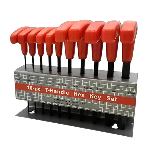 Top Notch Allen Wrenches Set Perfect For Home Repairs And Pro Projects With Super Ergonomic Handles For Easy Gripping And Heavy Duty Hex Key Kit That Really Hits The Spot. 10-piece T-handle metric hex keys, red plastic handles, metal stand