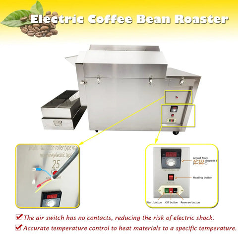 Roller Type Electric Stainless Steel Coffee Roaster, 220V 1PH, Horizontal Drum With 304 Food Grade Liner, 6kW High Power For Even Roasting control panel close-up.