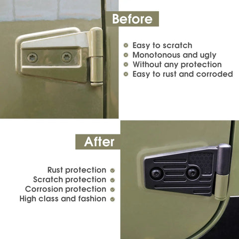 Jeep Wrangler JK Door Hinges Kit Replacement Aluminum Black 8 Pcs installed on Jeep, showing before and after corrosion protection.