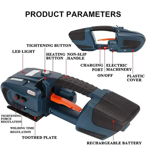 Cordless Electric Strapping Machine With Solid 4000Mah Battery Delivers Fast One Hand Auto Banding For 1/2 To 5/8 Inch Polypro Straps features detailed buttons and ports.