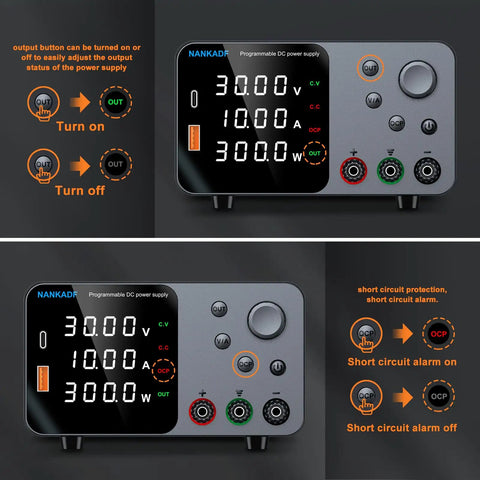 High Precision DC Power Supply With Encoder Knob 30V 10A Beefy Bench Unit with on/off indicators and short circuit alarm.