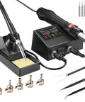 Slick 2 In 1 ReWork Soldering Station Rig Combining Hot Air Heat Gun And Iron Kit with digital display, soldering iron, tips, and tweezers.